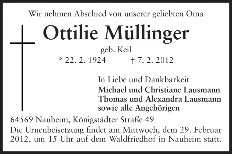  Traueranzeige für Ottilie Müllinger vom 25.02.2012 aus Rüsselsheimer Echo, Groß-Gerauer-Echo, Ried Echo