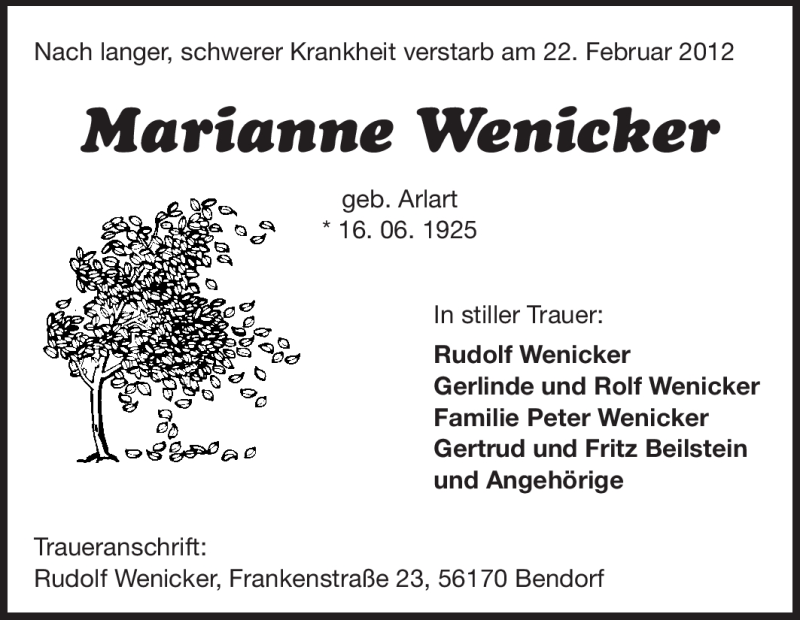  Traueranzeige für Marianne Wenicker vom 24.02.2012 aus Echo-Zeitungen (Gesamtausgabe)