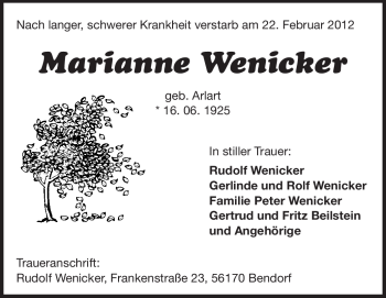 Traueranzeige von Marianne Wenicker von Echo-Zeitungen (Gesamtausgabe)