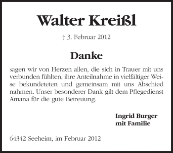 Traueranzeige von Walter Kreißl von Echo-Zeitungen (Gesamtausgabe)