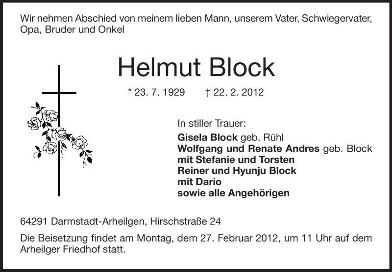  Traueranzeige für Helmut Block vom 24.02.2012 aus Darmstädter Echo, Odenwälder Echo, Rüsselsheimer Echo, Groß-Gerauer-Echo, Ried Echo