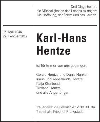 Traueranzeige von Karl-Hans Hentze von Echo-Zeitungen (Gesamtausgabe)