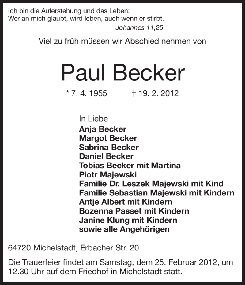  Traueranzeige für Paul Becker vom 24.02.2012 aus Odenwälder Echo
