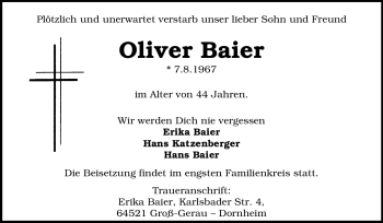 Traueranzeige von Oliver Baier von Rüsselsheimer Echo, Groß-Gerauer-Echo, Ried Echo