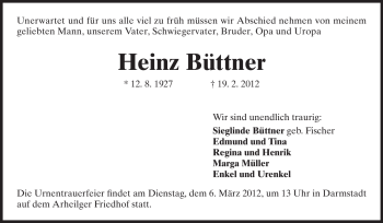 Traueranzeige von Heinz Büttner von Darmstädter Echo, Odenwälder Echo, Rüsselsheimer Echo, Groß-Gerauer-Echo, Ried Echo