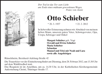 Traueranzeige von Otto Schieber von Rüsselsheimer Echo, Groß-Gerauer-Echo, Ried Echo
