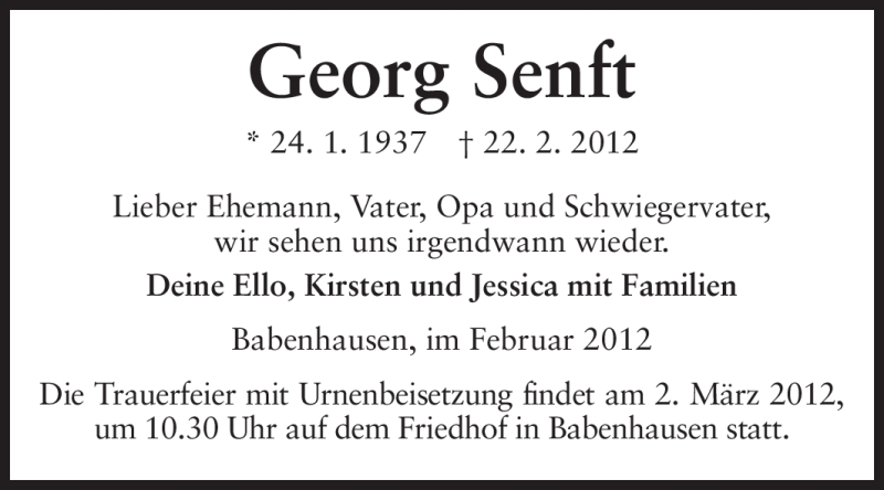  Traueranzeige für Georg Senft vom 27.02.2012 aus Echo-Zeitungen (Gesamtausgabe)