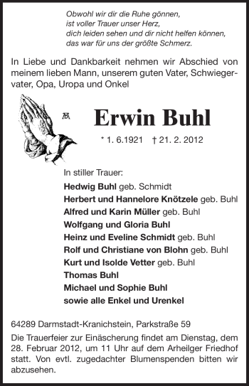 Traueranzeige von Erwin Buhl von Echo-Zeitungen (Gesamtausgabe)