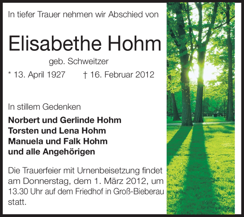  Traueranzeige für Elisabeth Hohm vom 28.02.2012 aus Echo-Zeitungen (Gesamtausgabe)