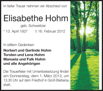 Traueranzeige von Elisabeth Hohm von Echo-Zeitungen (Gesamtausgabe)
