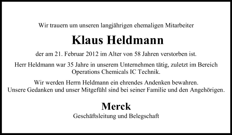  Traueranzeige für Klaus Heldmann vom 27.02.2012 aus Echo-Zeitungen (Gesamtausgabe)