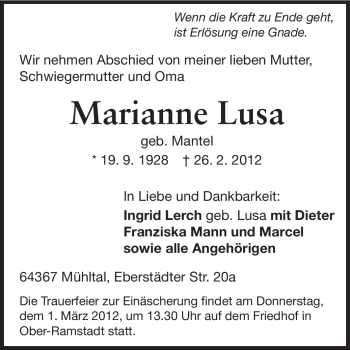 Traueranzeige von Marianne Lusa von Darmstädter Echo, Odenwälder Echo, Rüsselsheimer Echo, Groß-Gerauer-Echo, Ried Echo