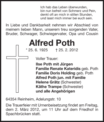 Traueranzeige von Alfred Poth von Darmstädter Echo, Odenwälder Echo, Rüsselsheimer Echo, Groß-Gerauer-Echo, Ried Echo