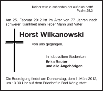 Traueranzeige von Horst Wilkanowski von Odenwälder Echo