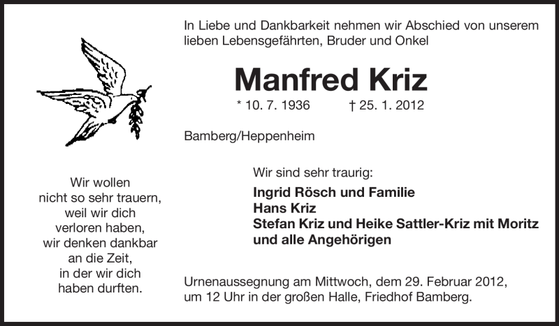  Traueranzeige für Manfred Kriz vom 28.02.2012 aus Starkenburger Echo