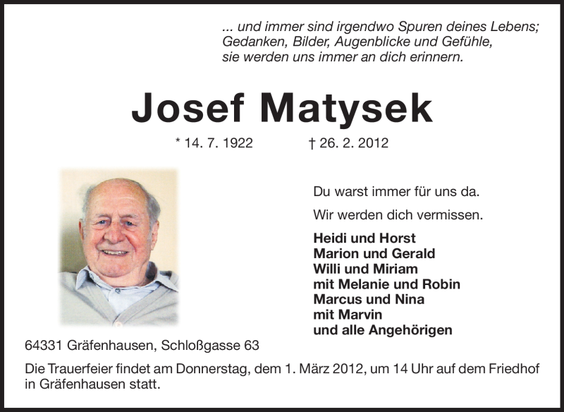  Traueranzeige für Josef Matysek vom 28.02.2012 aus Darmstädter Echo, Odenwälder Echo, Rüsselsheimer Echo, Groß-Gerauer-Echo, Ried Echo