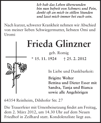 Traueranzeige von Frieda Glinzner von Echo-Zeitungen (Gesamtausgabe)