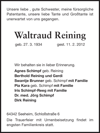 Traueranzeige von Waltraud Reining von Echo-Zeitungen (Gesamtausgabe)