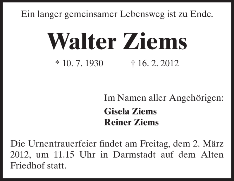  Traueranzeige für Walter Ziems vom 28.02.2012 aus Echo-Zeitungen (Gesamtausgabe)