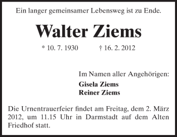 Traueranzeige von Walter Ziems von Echo-Zeitungen (Gesamtausgabe)