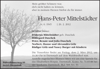 Traueranzeige von Hans-Peter Mittelstädter von Echo-Zeitungen (Gesamtausgabe)