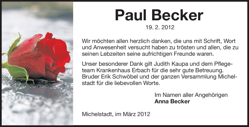  Traueranzeige für Paul Becker vom 03.03.2012 aus Odenwälder Echo