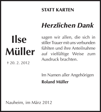 Traueranzeige von Ilse Müller von Rüsselsheimer Echo, Groß-Gerauer-Echo, Ried Echo