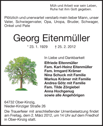 Traueranzeige von Georg Eitenmüller von Odenwälder Echo
