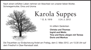 Traueranzeige von Karola Suppes von Darmstädter Echo, Odenwälder Echo, Rüsselsheimer Echo, Groß-Gerauer-Echo, Ried Echo