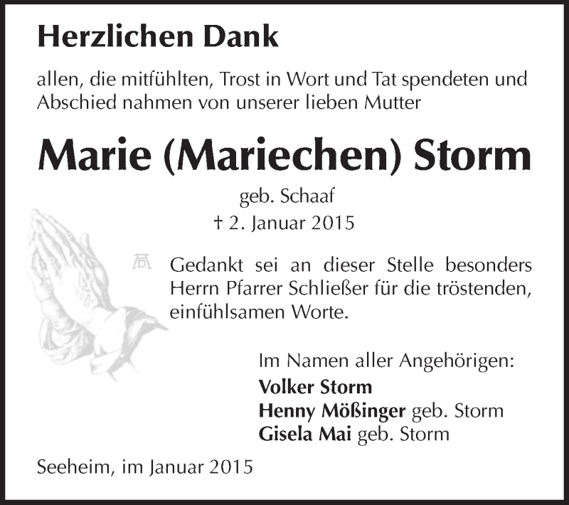  Traueranzeige für Marie Storm vom 24.01.2015 aus Echo-Zeitungen (Gesamtausgabe)