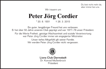 Traueranzeige von Peter Jörg Cordier von Echo-Zeitungen (Gesamtausgabe)