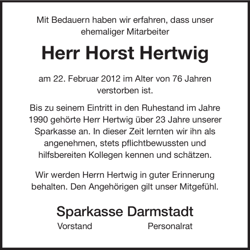  Traueranzeige für Horst Hertwig vom 29.02.2012 aus Echo-Zeitungen (Gesamtausgabe)