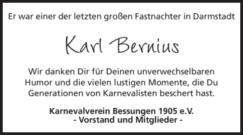 Traueranzeige von Karl Bernius von Echo-Zeitungen (Gesamtausgabe)