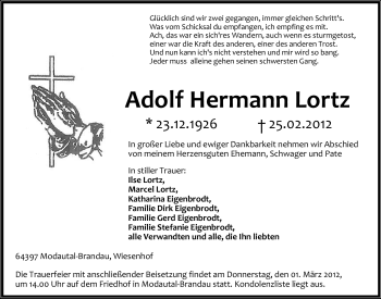 Traueranzeige von Adolf Hermann Lortz von Echo-Zeitungen (Gesamtausgabe)