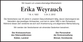 Traueranzeige von Erika Weyrauch von Odenwälder Echo