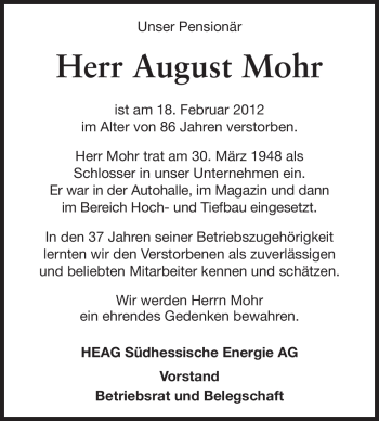 Traueranzeige von August Mohr von Echo-Zeitungen (Gesamtausgabe)