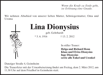 Traueranzeige von Lina Dionysius von Rüsselsheimer Echo, Groß-Gerauer-Echo, Ried Echo