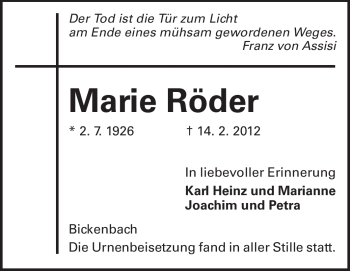 Traueranzeige von Marie Röder von Echo-Zeitungen (Gesamtausgabe)