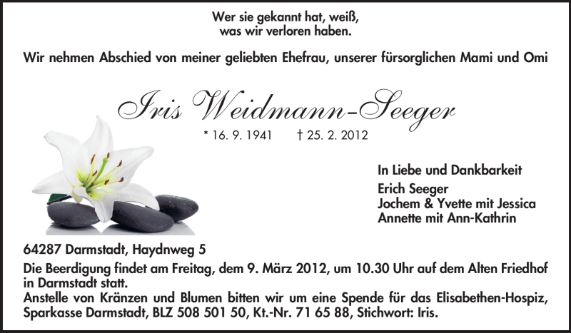  Traueranzeige für Iris Weidmann-Seeger vom 03.03.2012 aus Echo-Zeitungen (Gesamtausgabe)