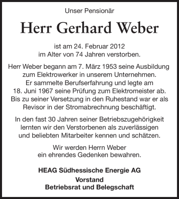 Traueranzeige von Gerhard Weber von Echo-Zeitungen (Gesamtausgabe)