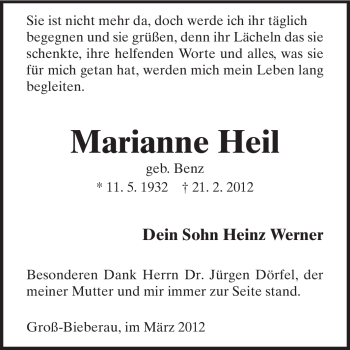 Traueranzeige von Marianne Heil von Darmstädter Echo, Odenwälder Echo, Rüsselsheimer Echo, Groß-Gerauer-Echo, Ried Echo