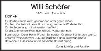 Traueranzeige von Willi Schäfer von Echo-Zeitungen (Gesamtausgabe)