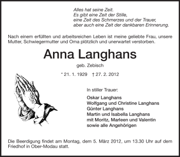 Traueranzeige von Anna Langhans von Echo-Zeitungen (Gesamtausgabe)