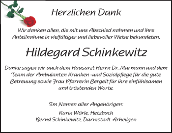 Traueranzeige von Hildegard Schinkewitz von Darmstädter Echo, Odenwälder Echo, Rüsselsheimer Echo, Groß-Gerauer-Echo, Ried Echo