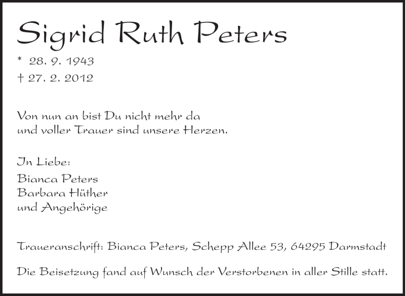  Traueranzeige für Sigrid Ruth Peters vom 03.03.2012 aus Echo-Zeitungen (Gesamtausgabe)