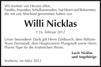 Traueranzeige von Willi Nicklas von Echo-Zeitungen (Gesamtausgabe)