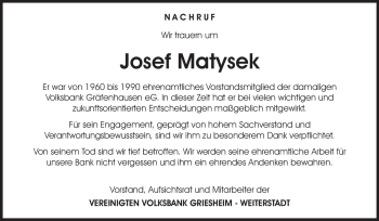 Traueranzeige von Josef Matysek von Echo-Zeitungen (Gesamtausgabe)