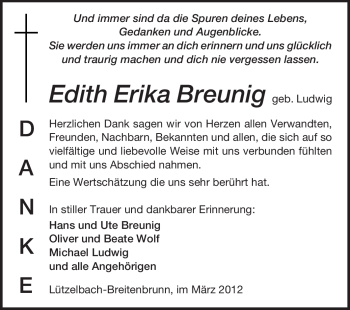 Traueranzeige von Edith Erika Breunig von Odenwälder Echo
