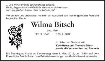 Traueranzeige von Wilma Bitsch von Echo-Zeitungen (Gesamtausgabe)