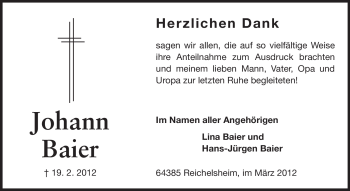Traueranzeige von Johann Baier von Odenwälder Echo